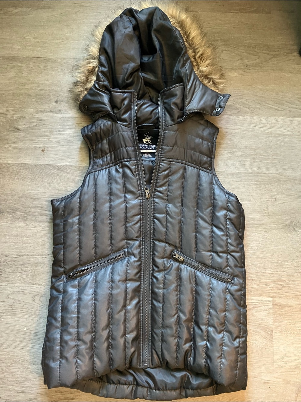Beverly Hills Polo Club Black Quilted Puffer Vest with Faux-Fur Hood